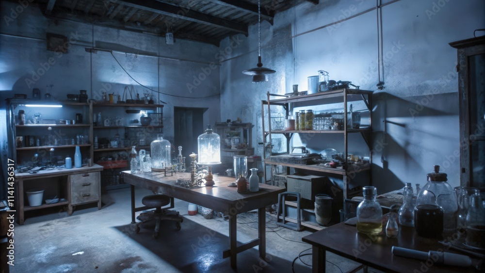 A dimly lit laboratory with an array of glassware, bottles, and a worktable. A dimly lit laboratory with an array of glassware, bottles, and a worktable.