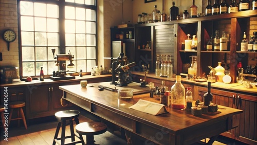 Vintage Interior with Wooden Cabinets, Glass Bottles, and a Table photo