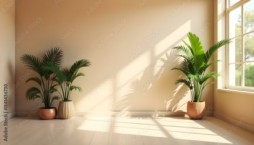 A tropical indoor scene with palm leaves and sunlight streaming through a window , creating a warm and serene atmosphere