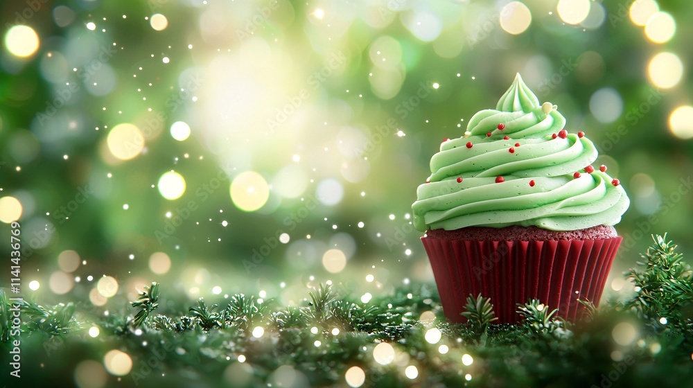Delicious green cupcake adorned with festive sprinkles against a shimmering background.