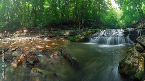 Serene Waterfall in Lush Summer Forest: A Tranquil Nature Scene. AI Generated