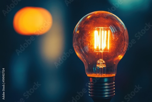Close-up of a glowing incandescent light bulb with a blurry orange background