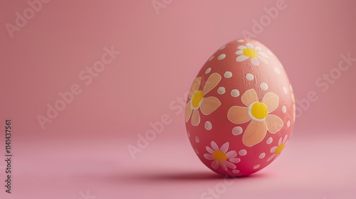 A close-up of a decorated egg resting on a solid color background