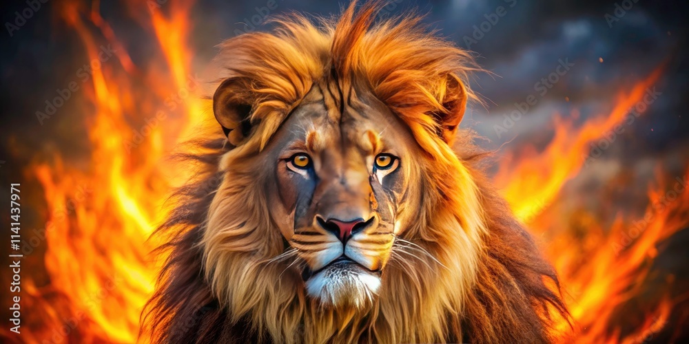 Majestic Fiery Lion with Intense Gaze, Powerful and Regal Presence in Wild Landscape, Captivating Candid Photography of Wildlife's King, Nature's Beauty and Strength, Animal Portrait