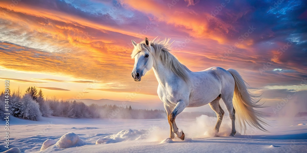 Fototapeta premium Majestic White Horse in a Snowy Landscape at Sunset - Captivating Winter Serenity and Nature's Beauty