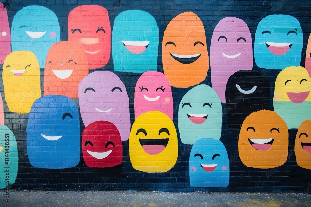 Obraz premium Colorful Smiling Faces Graffiti on Brick Wall