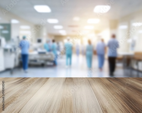 Blurred hospital corridor with wooden surface.