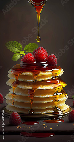 Pancakes. Fritters. Honey flows down the pancakes. Raspberries. Generated AII