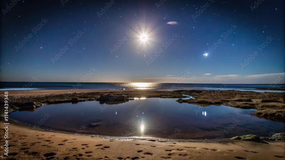 Fototapeta premium A Moonlit Tide Pool on a Sandy Beach Under a Starry Sky