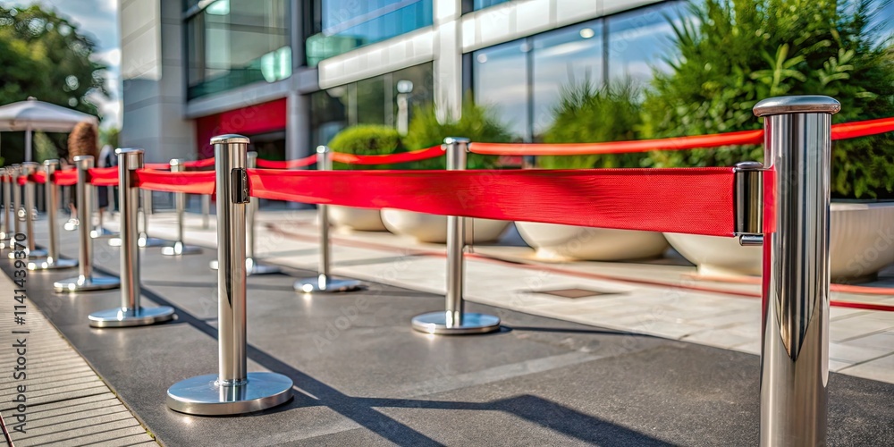 Mobile Fence Barrier with Red Belt and Chrome Metal Posts for Crowd Control and Safety in Event Management, Portable and Durable Protection Solution for Public Spaces and Gatherings Mobile Fence Barrier with Red Belt and Chrome Metal Posts for Crowd Control and Safety in Event Management, Portable and Durable Protection Solution for Public Spaces and Gatherings