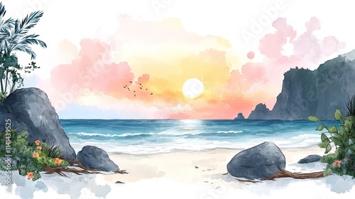 Watercolor painting of a sunset over a tropical beach with palm trees, rocks, and a blue ocean.