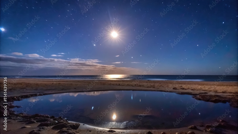 Moonlit Beach with a Pool of Water Reflecting the Night Sky Moonlit Beach with a Pool of Water Reflecting the Night Sky