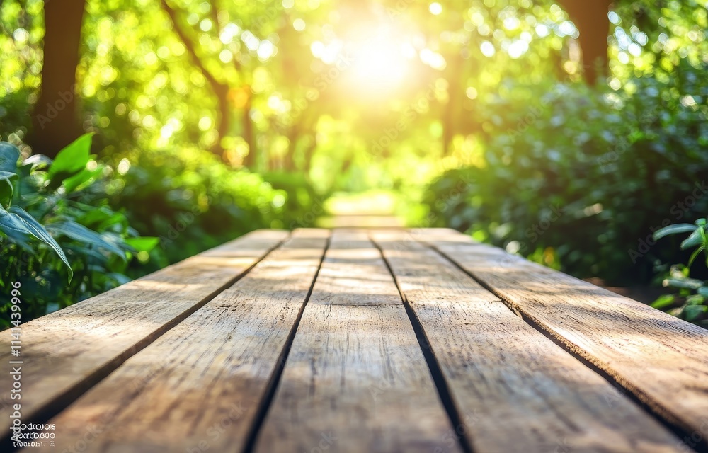 Sunlit wooden path in lush green park. Sunlit wooden path in lush green park.