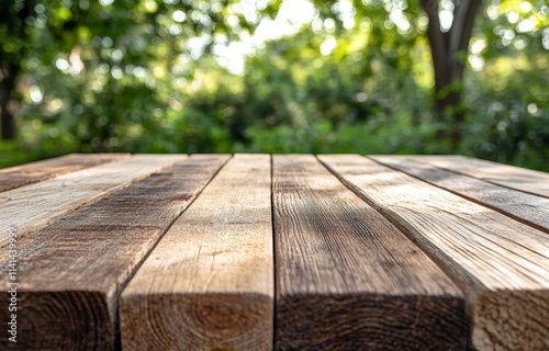 Empty wooden table against blurred green garden background.