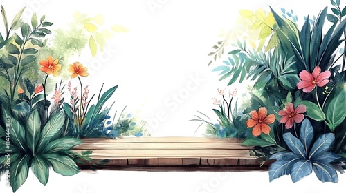 Fototapeta Naklejka Na Ścianę i Meble -  Wooden plank surrounded by vibrant flowers and tropical plants, isolated on white background.