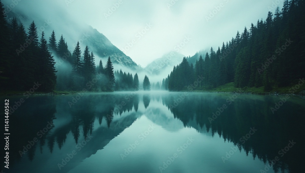 Fototapeta premium Serene mountain lake reflecting misty forest.