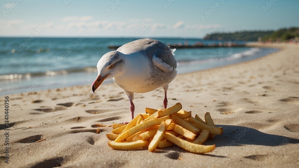 Obraz premium Seagull on sandy beach stealing french fry chips 
