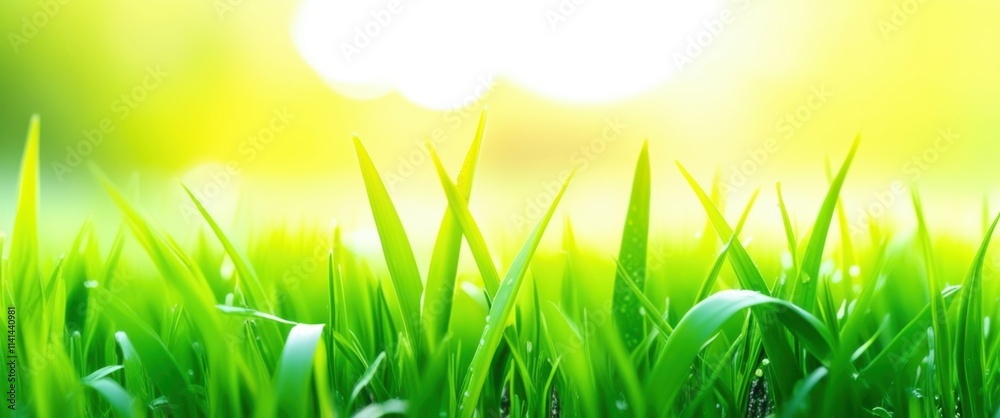 Fototapeta premium Photo of a close-up of green grass with a soft, bright, and warm light shining through the blades, creating a dreamy and ethereal atmosphere. The background is blurred and filled with a gradient of ye