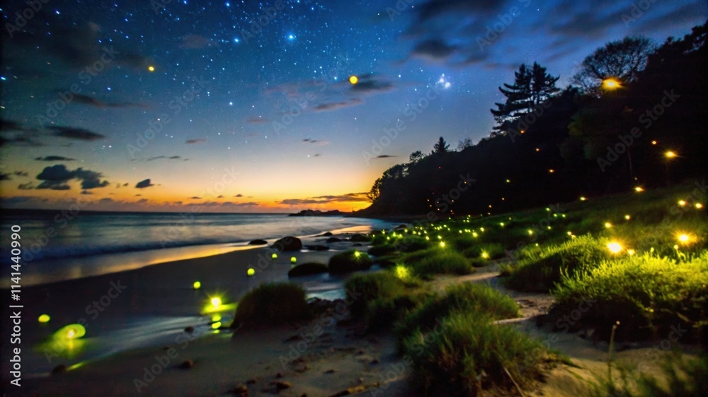 Obraz premium Fireflies illuminate a beach at twilight, with stars twinkling overhead.