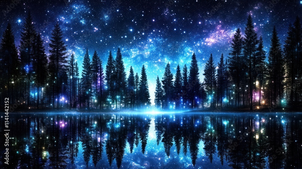 Obraz premium A serene night scene with a starry sky reflecting on a calm lake surrounded by trees.