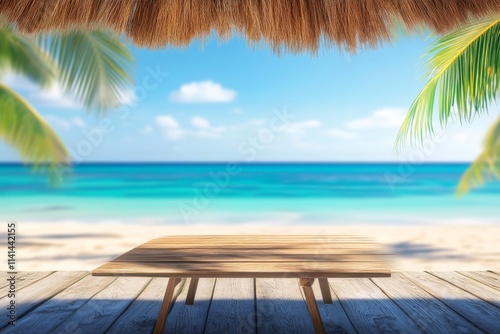 Tropical beach scene with wooden table.