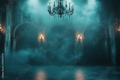 Mysterious Gothic Interior Chandelier Foggy Atmosphere photo