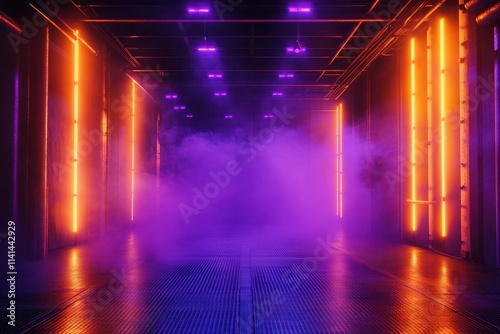 Futuristic Neon Corridor Atmospheric Fog Vibrant Lighting photo