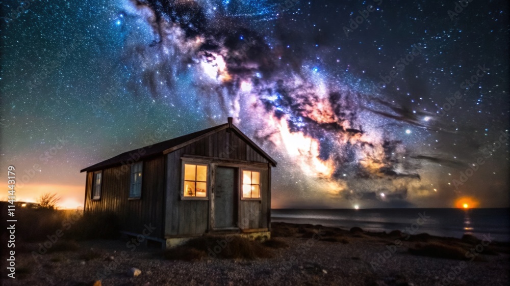 Fototapeta premium A Small Cabin on the Coast Under the Milky Way