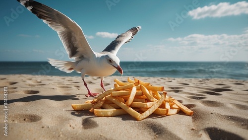 Seagull on sandy beach stealing french fry chips 