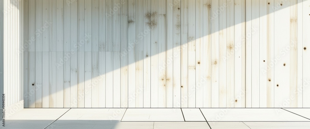 photo of a minimalist interior space with a white wall and a large diagonal shadow cast by a beam of sunlight. The wall is made of vertical wooden panels, and the floor is covered in white tiles. The 