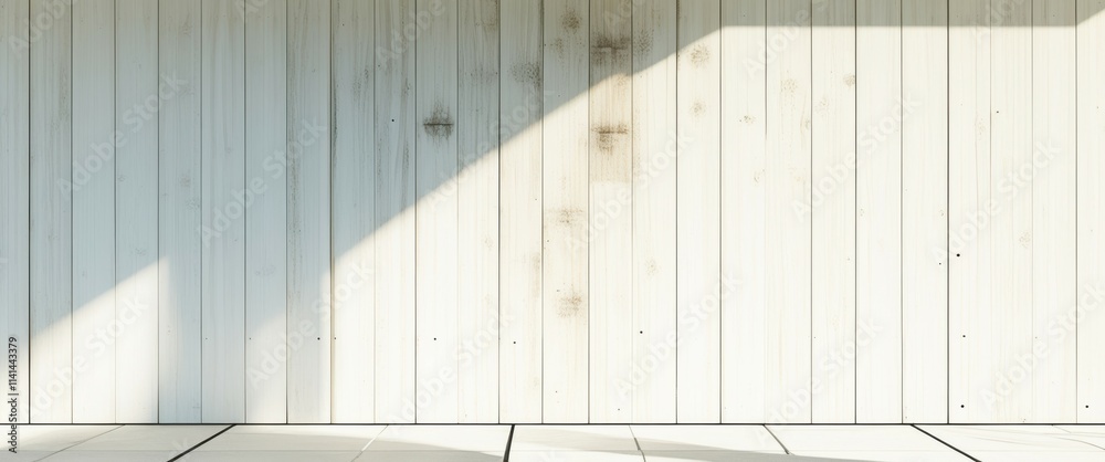 photo of a minimalist interior space with a white wall and a large diagonal shadow cast by a beam of sunlight. The wall is made of vertical wooden panels, and the floor is covered in white tiles. The photo of a minimalist interior space with a white wall and a large diagonal shadow cast by a beam of sunlight. The wall is made of vertical wooden panels, and the floor is covered in white tiles. The