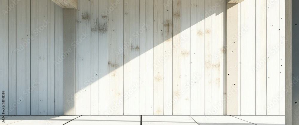 photo of a minimalist interior space with a white wall and a large diagonal shadow cast by a beam of sunlight. The wall is made of vertical wooden panels, and the floor is covered in white tiles. The photo of a minimalist interior space with a white wall and a large diagonal shadow cast by a beam of sunlight. The wall is made of vertical wooden panels, and the floor is covered in white tiles. The