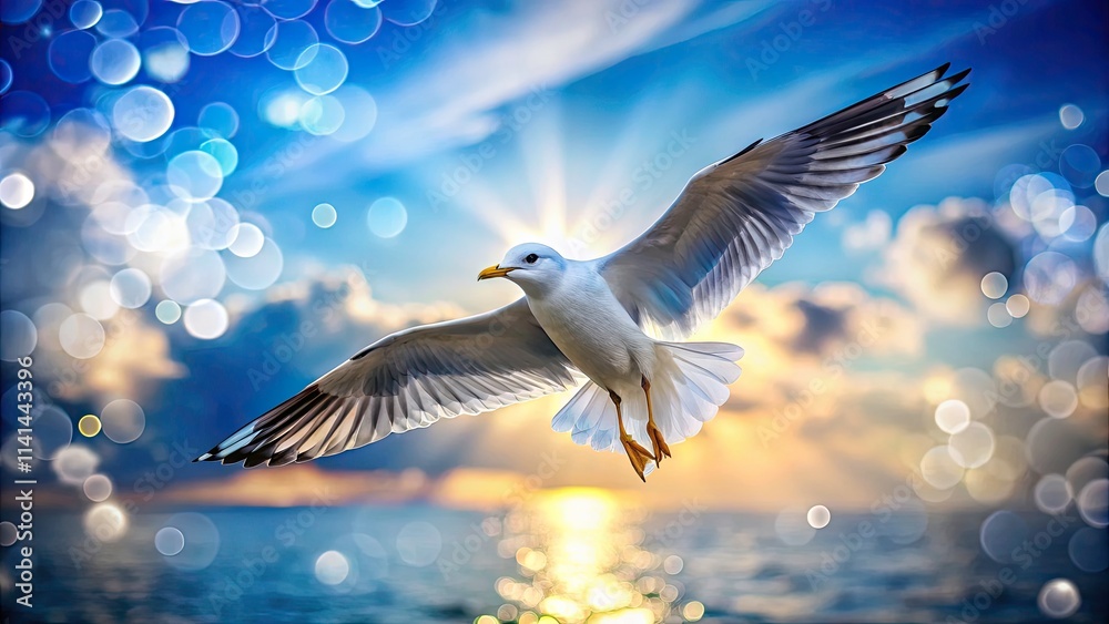 Obraz premium Seagull Flying in the Sky with Bokeh Effect - Beautiful Nature Scene, Coastal Wildlife, Serenity of Birds, Majestic Flight, Ocean Breeze, Outdoor Adventure, Seascape Photography