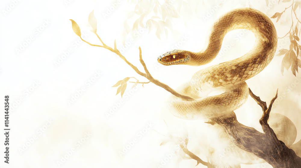 Fototapeta premium A snake is curled up on a branch. The snake is brown and has a long body. The branch is thin and has leaves on it. The image has a calm and peaceful mood