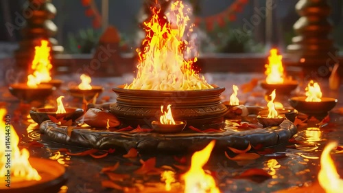 Fire Rituals A 3D Vedic yajna ceremony with sacred flames BAGROUND photo