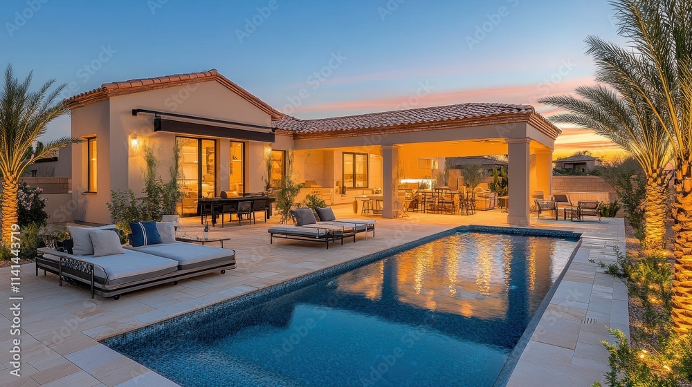 Fototapeta premium Luxury villa with pool at sunset, outdoor furniture. Perfect for real estate, luxury travel, or lifestyle advertising.