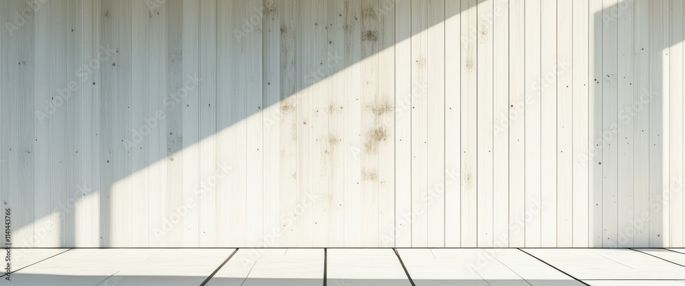 photo of a minimalist interior space with a white wall and a large diagonal shadow cast by a beam of sunlight. The wall is made of vertical wooden panels, and the floor is covered in white tiles. The photo of a minimalist interior space with a white wall and a large diagonal shadow cast by a beam of sunlight. The wall is made of vertical wooden panels, and the floor is covered in white tiles. The