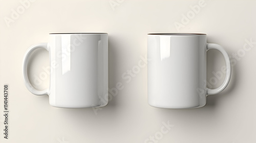 A Pair of Simple White Coffee Mugs Against a Neutral Background: Perfect for Any Kitchen or Cafe Setting photo