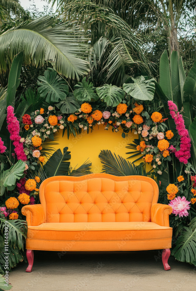 Fototapeta premium Vibrant Orange Sofa on a Wedding Stage Framed by Warm Autumn Leaves and Golden Lights