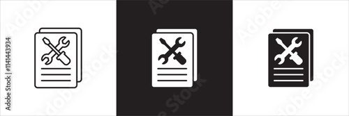 Customer service and support manual book icon set. Help center and information document icons. Technical support instruction signs. Vector stock illustration.