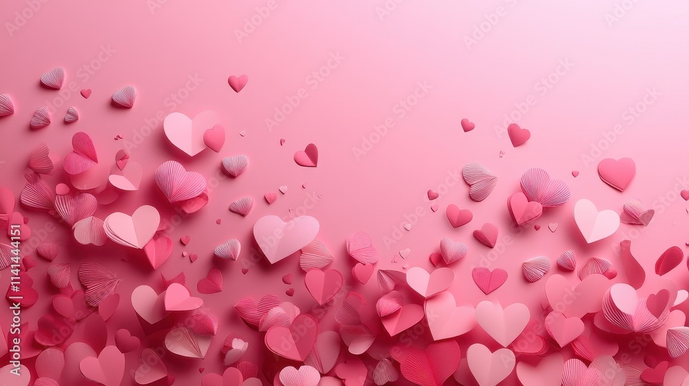 Pink paper hearts scattered on pink background; creating a romantic and lovely design. Ideal for Valentine's Day, love, and romantic themed projects and designs. Pink paper hearts scattered on pink background; creating a romantic and lovely design. Ideal for Valentine's Day, love, and romantic themed projects and designs.