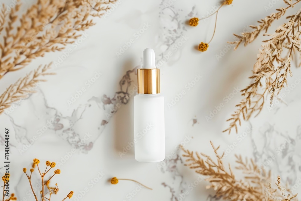 White dropper bottle on marble with dried flowers. White dropper bottle on marble with dried flowers.