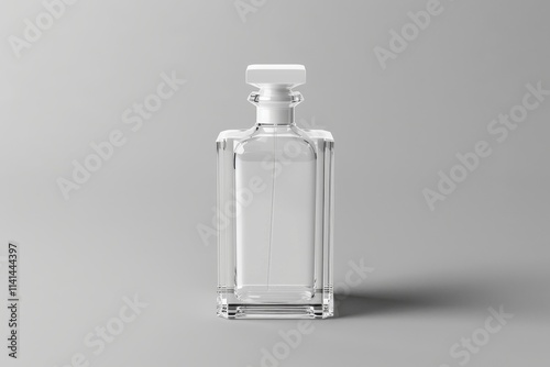 Clear glass decanter with a square body and a small, square top. photo