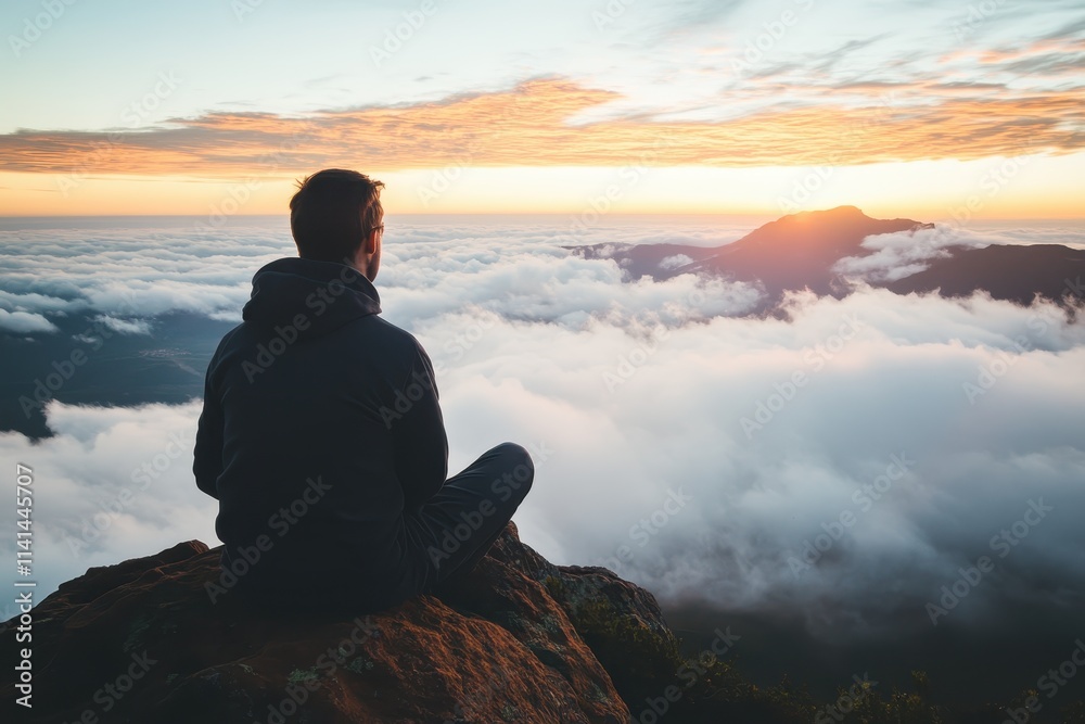 A Man Contemplating the Vastness of a Cloudy Mountain Landscape at Sunrise A Man Contemplating the Vastness of a Cloudy Mountain Landscape at Sunrise