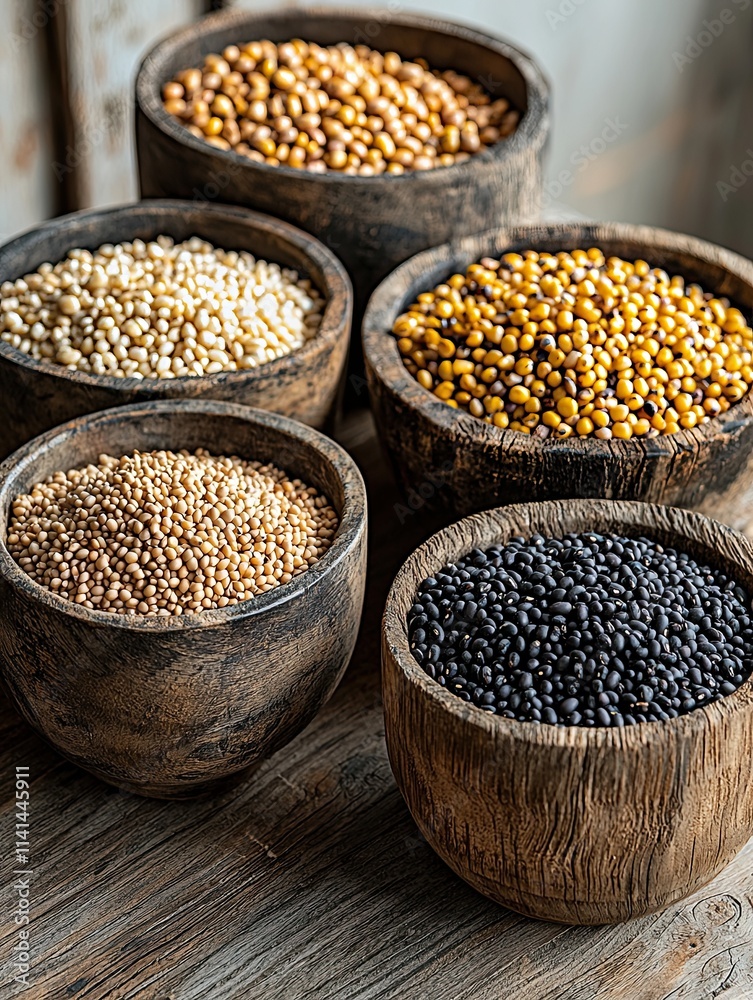 A collection of various mustard seeds displayed in rustic wooden bowls, showcasing their unique colors and textures against a natural background. A collection of various mustard seeds displayed in rustic wooden bowls, showcasing their unique colors and textures against a natural background.