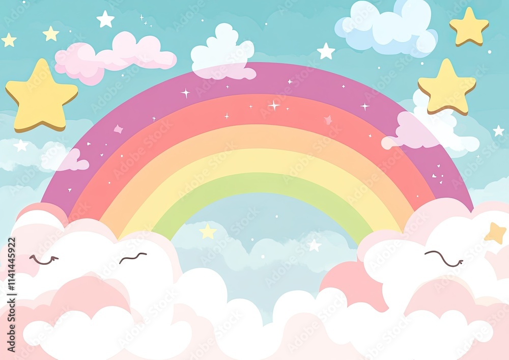 Soft pastel background, Rainbow gradient sky with fluffy clouds and stars Soft pastel background, Rainbow gradient sky with fluffy clouds and stars