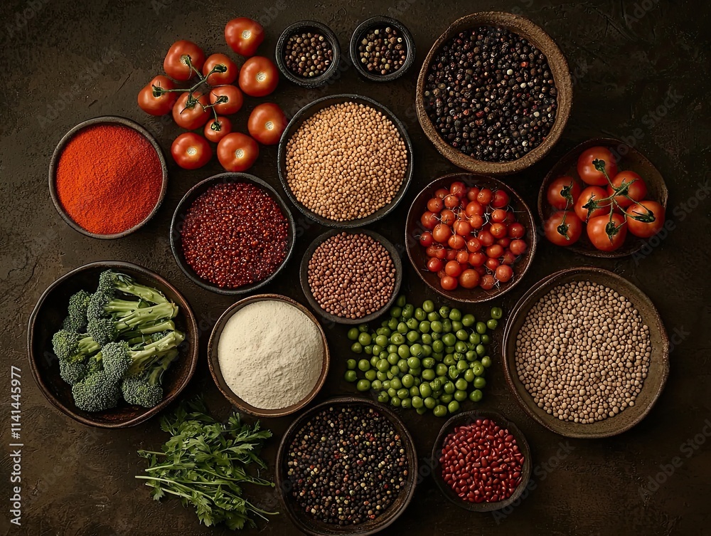 A vibrant arrangement of spices, grains, and fresh vegetables, showcasing a rich palette of colors and textures, ideal for culinary creations. A vibrant arrangement of spices, grains, and fresh vegetables, showcasing a rich palette of colors and textures, ideal for culinary creations.
