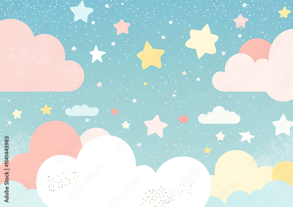 Soft pastel background, Rainbow gradient sky with fluffy clouds and stars Soft pastel background, Rainbow gradient sky with fluffy clouds and stars