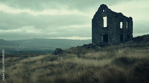 Ruined Stone Structure Slowly Decaying on Grassy Hill Wide Shot Photo. AI Generated