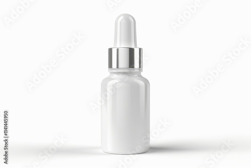 White glass dropper bottle with silver cap, isolated on white.